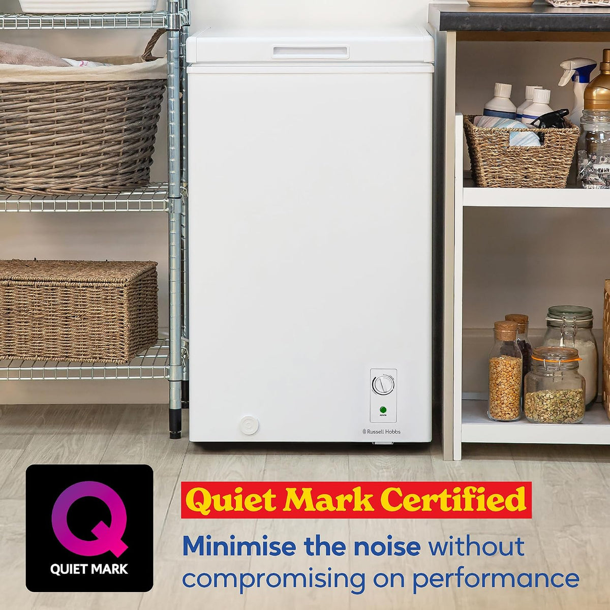 Russell Hobbs White Chest Freezer 143L Freestanding, Adjustable Thermostat, Chill or Freeze Function, 4 Star Freezer Rating & Suitable for Outbuildings & Garages RH142CF0E1W