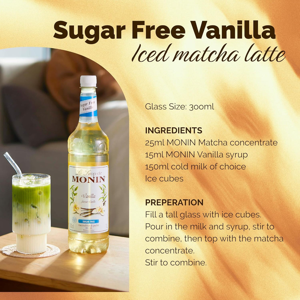 Monin Premium Vanilla Sugar Free Syrup 1L For Coffee And Cocktails. Vegan-Friendly, Allergen-Free, 100 Percent Natural Flavours And Colourings. Sugar-Free Vanilla Coffee Syrup