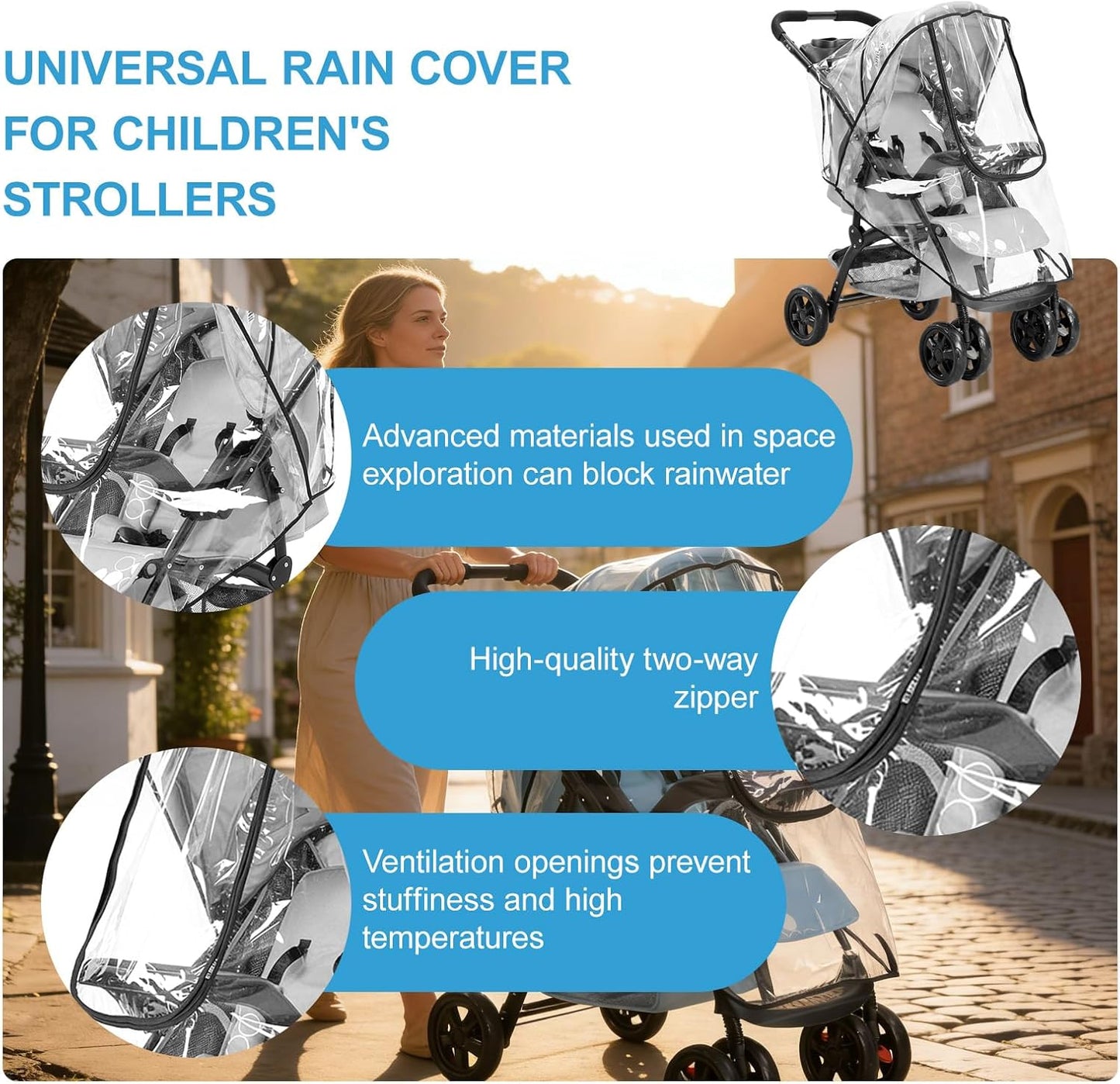 Universal Pushchair Rain Cover, Waterproof Breathable Pram Rain Cover with Lift-Up Window and Double Zippers,Fit for Most Pram Strollers