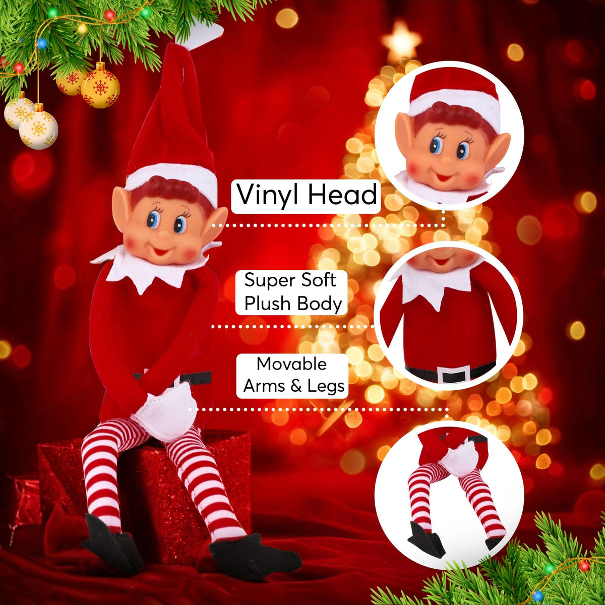 Elves Behavin' Badly Charming Red Long Leg Soft Body Vinylface Girl Elf with Hat - 30 cm (1 Pc.) - Premium Quality Plush Toy - Perfect For Holiday Decor & Gift-giving