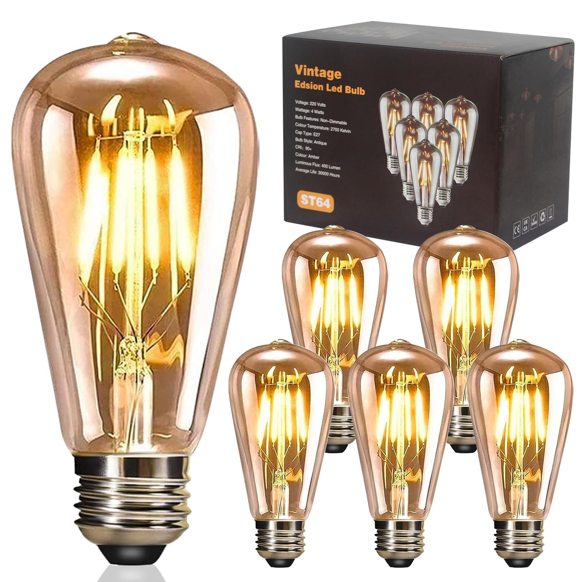 YOUDIAN E27 LED Edison Screw Bulb,Vintage Light Bulb ST64 4W(Pack of 2)