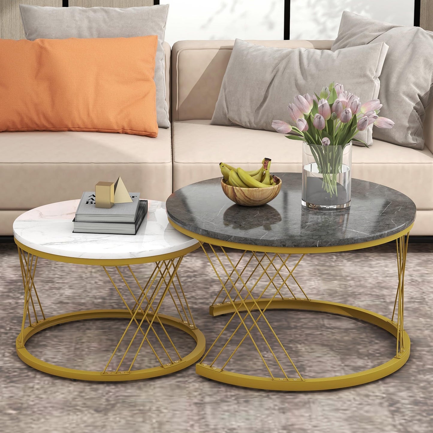 ModernLuxe 2-in-1 Coffee Table, Multi-functional Side Table with Marble Grain Veneer Top, Rattan Drawers, Solid Wood Handles, Gold Coloured Iron Legs, Round Nest of Tables for Living Room, Black