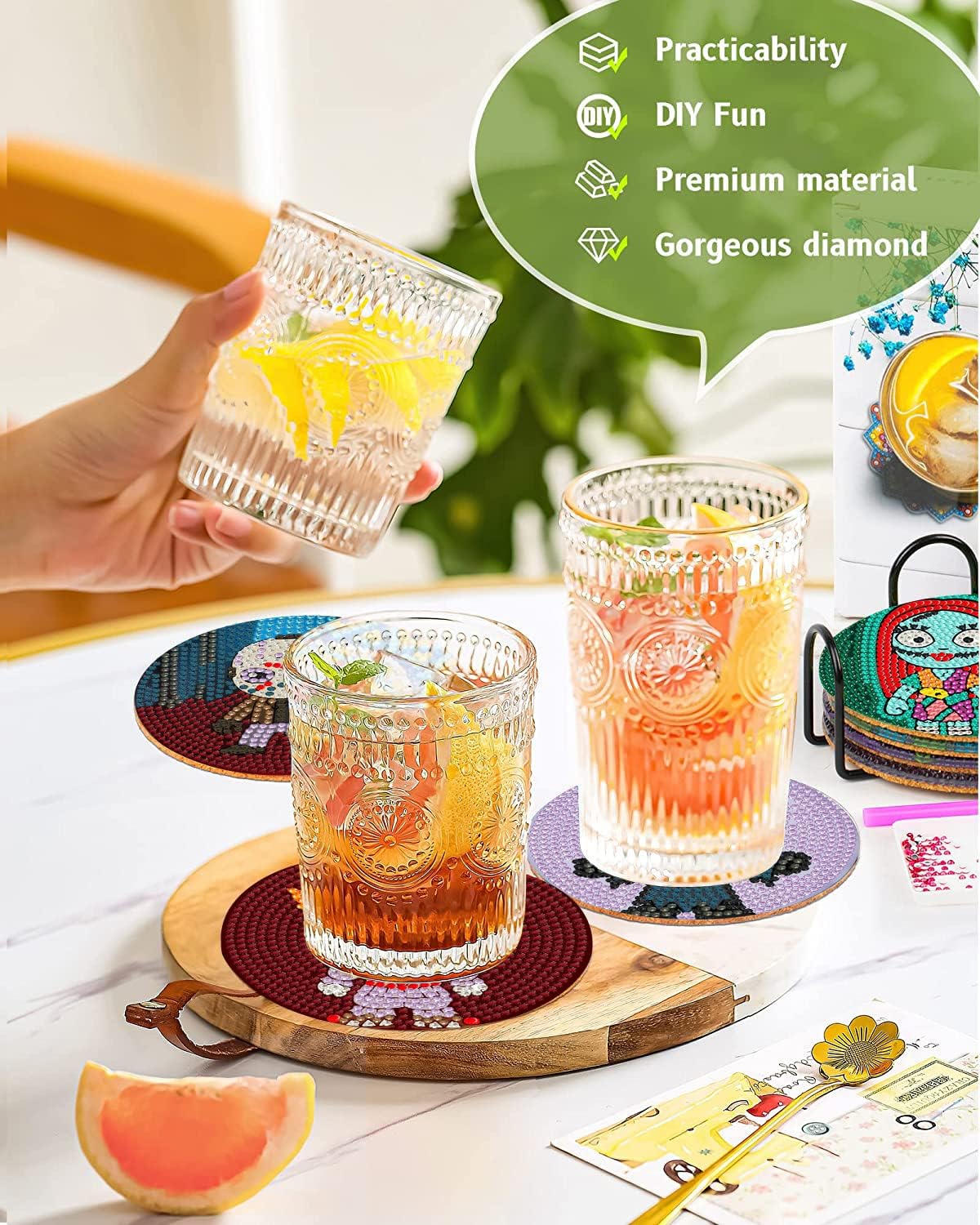 8Pcs Diamond Painting Coasters with Holder,DIY Cocktail Life Coaster Diamond Art Kits for Adults Kids,Beginners Round Full Drill Diamonds Art Craft Supplies