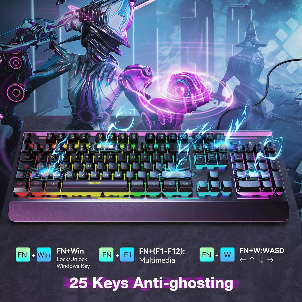 TECKNET RGB Gaming Keyboard UK Layout with 15-Zone RGB Illumination