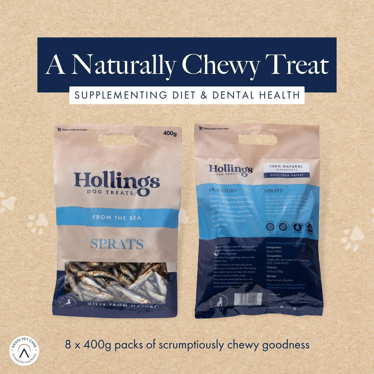 Hollings Sprats Dog Treats, 100% Natural with Fresh Fish Air Dried Treats for Dogs, Hypoallergenic and Grain Free 100g (Pack of 10)