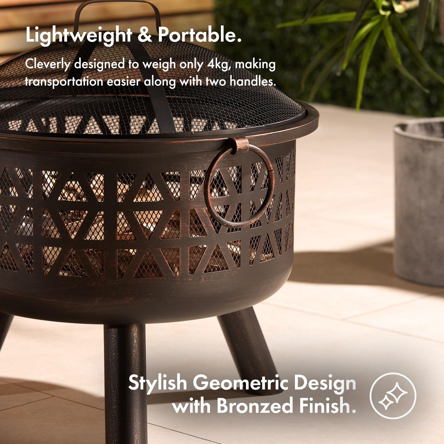 VonHaus Fire Pit – Firepit for Outdoor, Garden, Patio – Portable, Lightweight with Geometric Design, Brown Bronzed Steel, Fire Poker & Mesh Guard Included, Carry Handles – Use Wood or Charcoal to Fuel
