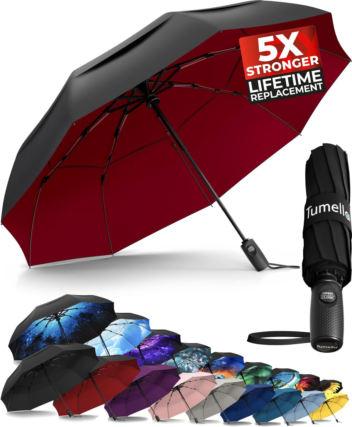 TUMELLA Strongest Windproof Travel Umbrella (Compact, 100MPH Wind-Tested)