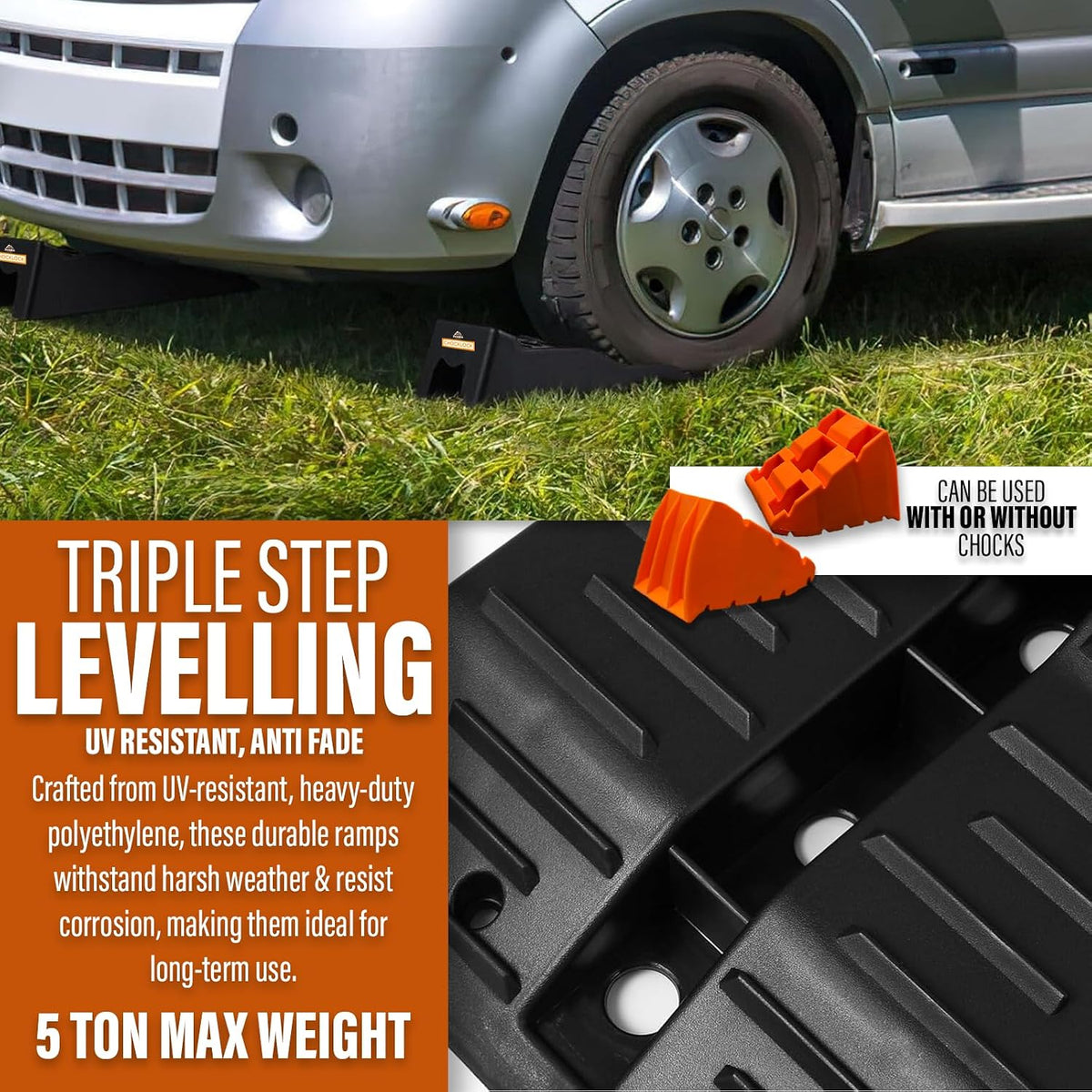 Xtremeauto CHOCKLOCK Caravan Levelling Ramps - 2 Pack Heavy Duty Motorhome Ramps with Chocks & Bag, UV-Resistant Non-Skid Campervan Blocks (5 Tonne Load) - Black