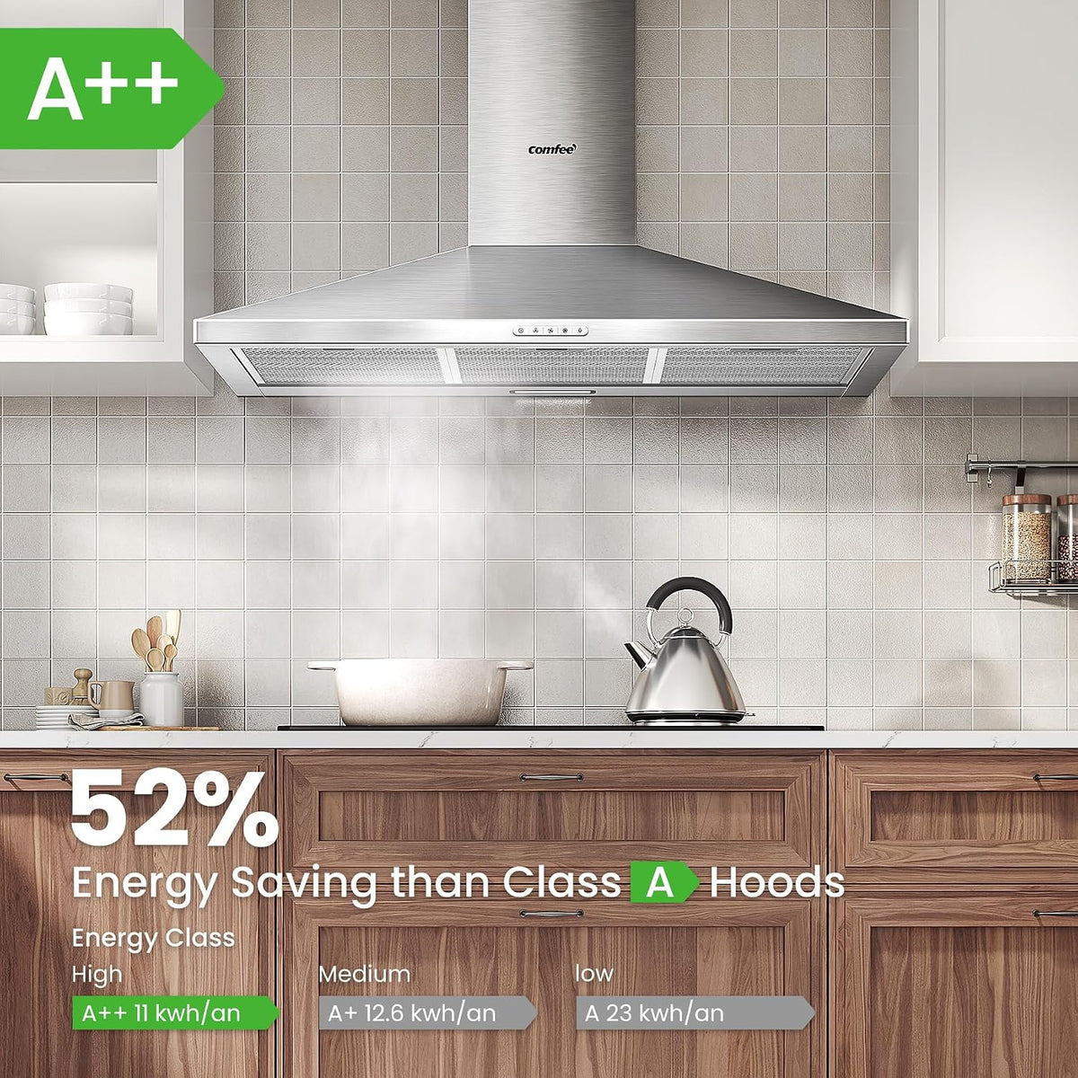 COMFEE' 90cm Chimney Cooker Hood, Class A++ Wall Mounted Kitchen Extractor