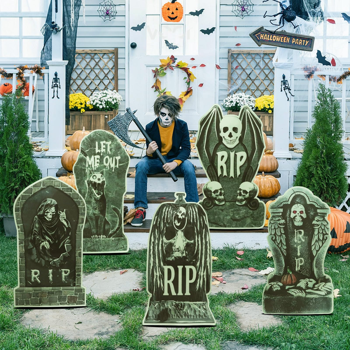 10 Pack Halloween Yard Signs, Fluorescent Skeleton Hands and Tombstones