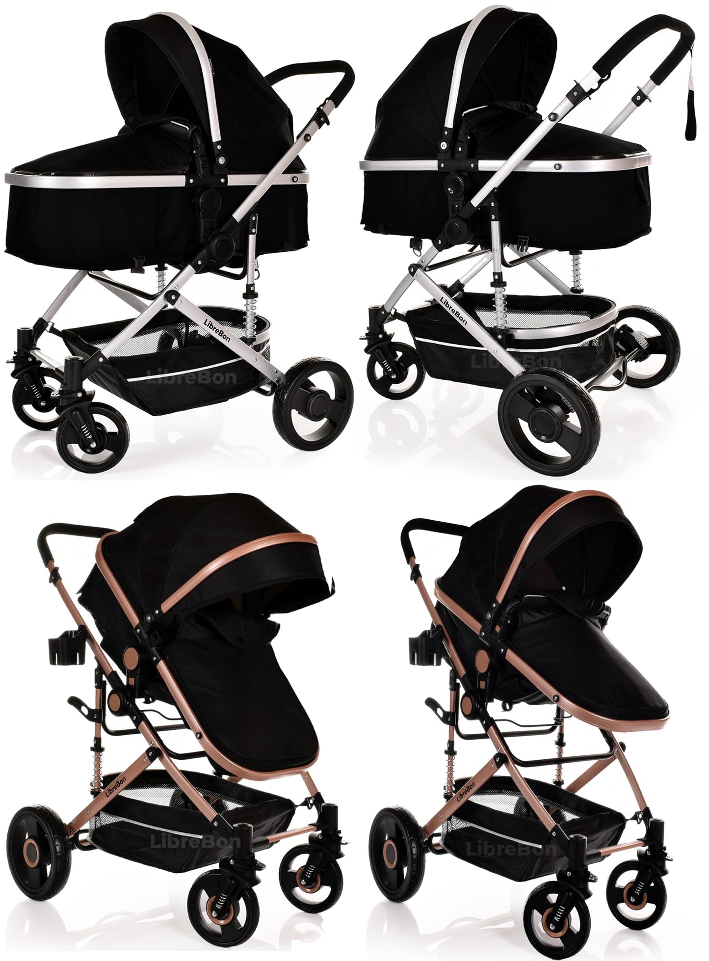Baby Buggy Pram Pushchair 3 in 1 with Car Seat Child Lightweight Folding Stroller One Size Fits All 3 in 1 Travel System Pram for Newborns & Toddlers 0-36 Months from Birth (Black - Silver Frame)