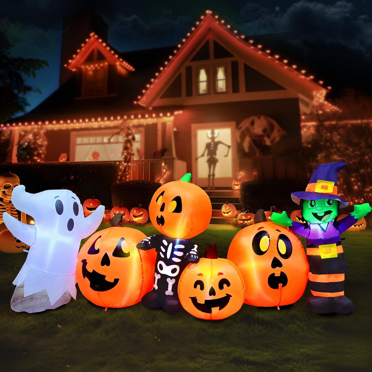 Joiedomi 8 ft Long Inflatable Three Characters and Pumpkin Patch With Built-in LEDs for Halloween Party Indoor, Outdoor Yard Lawn Garden Decorations