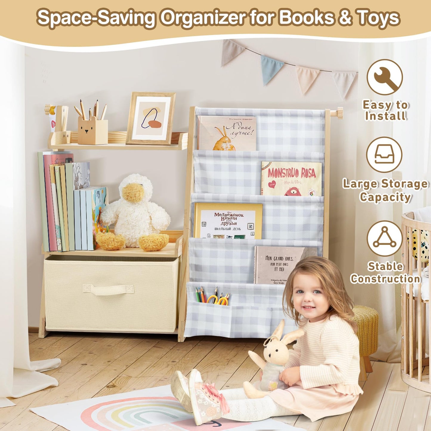 Kids Bookshelf and Toy Storage, Montessori Wooden Children Bookcase and Toy Organizer, 4-tier Toddler Sling Book Shelf with a Large Storage Box for Nursery, Bedroom, Playroom (Terrazzo)