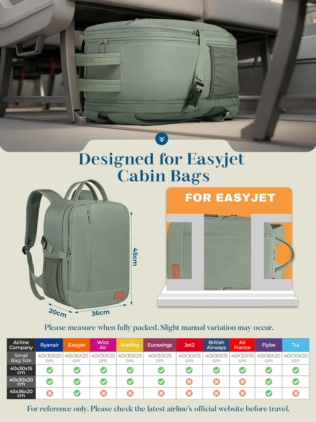 For Ryanair Cabin Bags 40x30x20 Underseat Travel Carry-on School Backpack