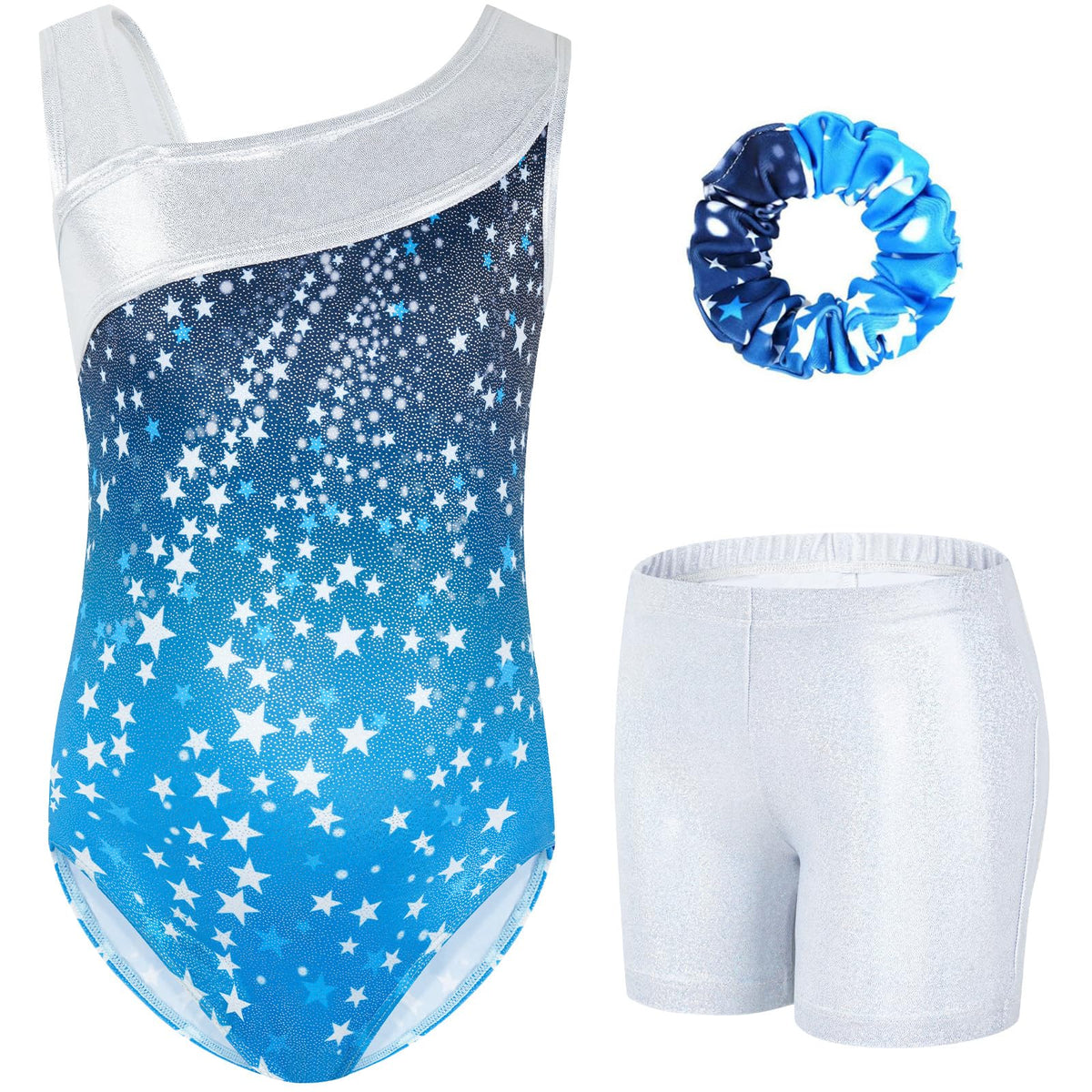 Gogokids Girls' Three-Piece Gymnastics Set, Sleeveless Leotards with Shorts and Hairband, Sparkling Ballet Dancing Unitards - Gymnastics Outfit with Gradient Color Design for 3-12 Years