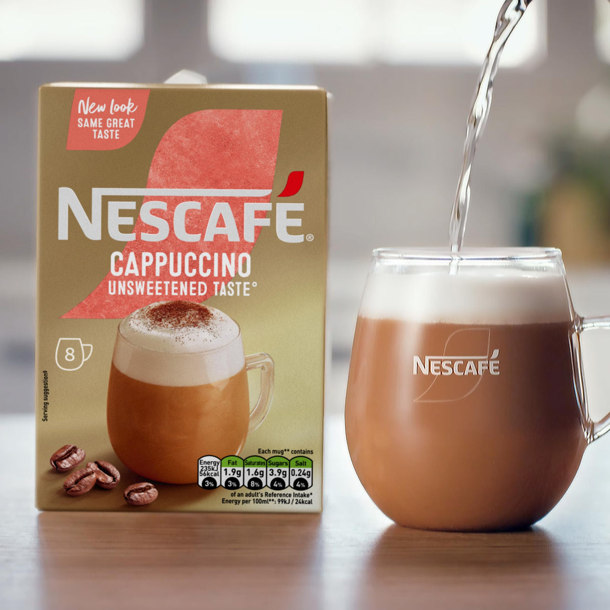Nescafe Cappuccino Unsweetened Taste Instant Coffee 8 x 14.2g Sachets, 100% Responsibly Sourced Coffee (Pack of 5)