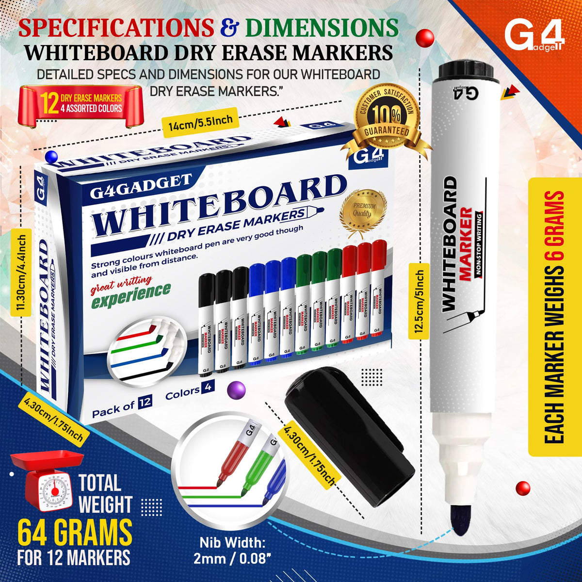 G4GADGET Nice Style Pack of 10 Non-Toxic Ink Black Colour Whiteboard Dry Wipe Marker Pens Bullet Tip
