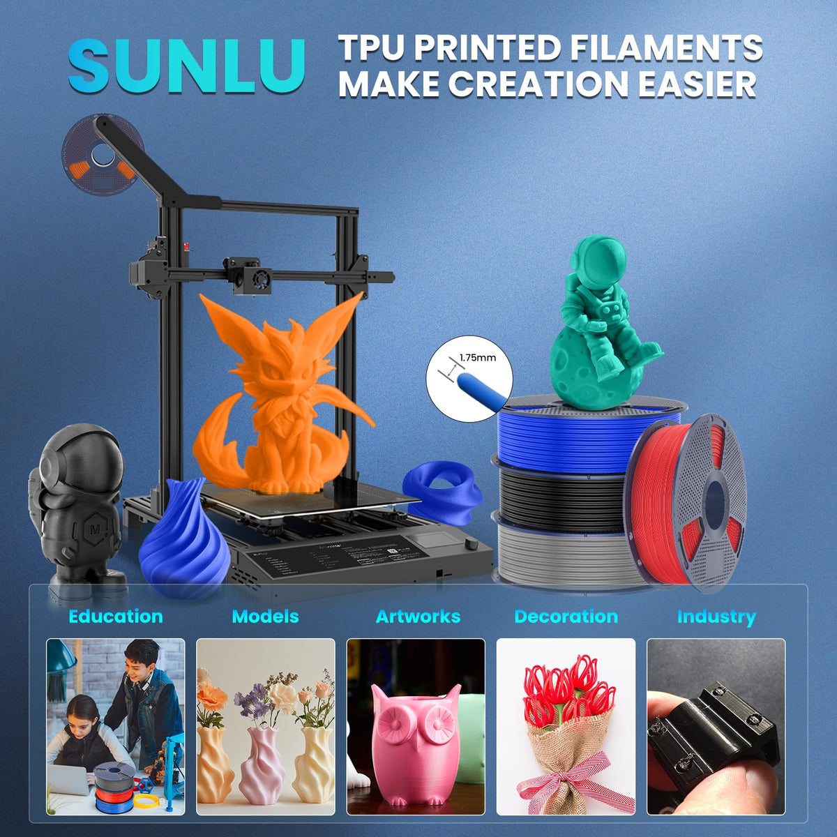 SUNLU TPU Filament TPU 95A 1.75mm Black, Flexible 3D Printer Filament