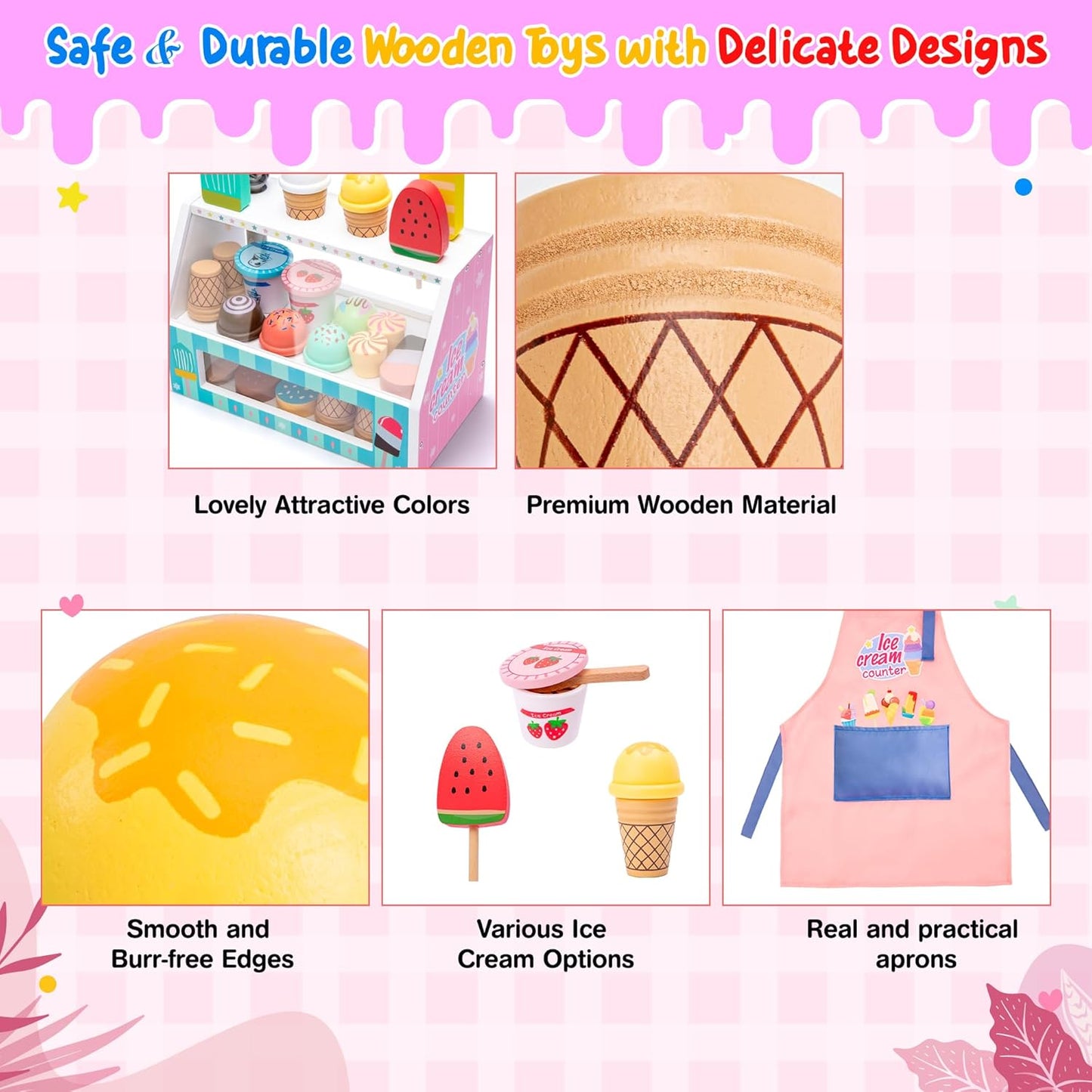 WIKITOT Ice Cream Toys for Kids, 51 Pieces Wooden Ice Cream Cart Role Play Toys for 3 to 7 Year Old Girls Boys Bithday Gifts