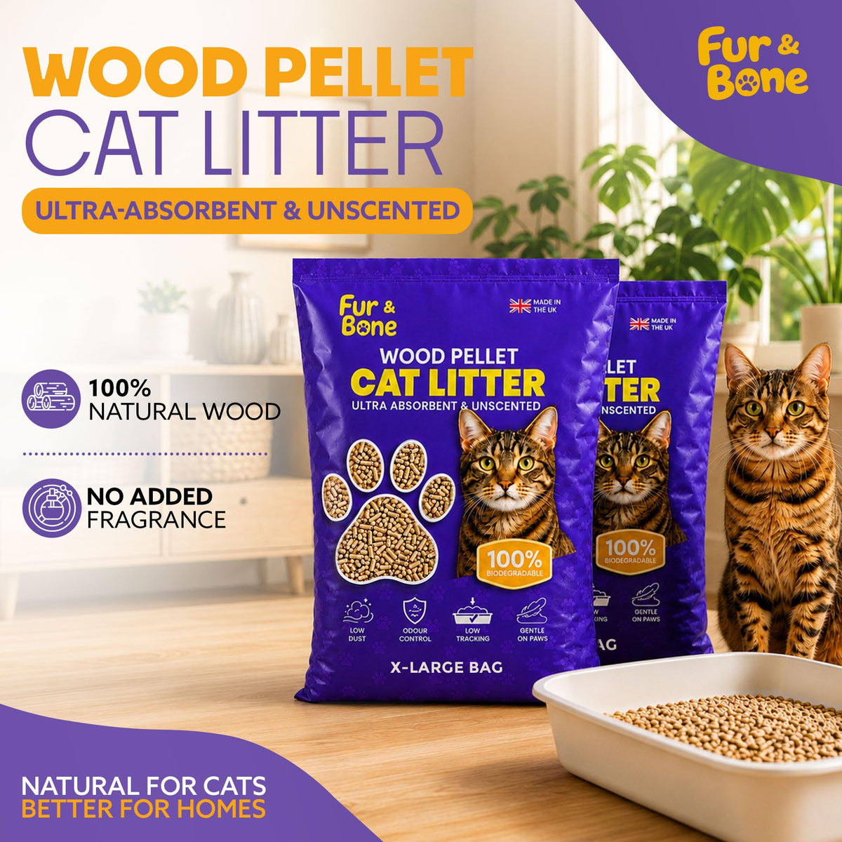 Fur & Bone Cat Litter Wooden Pellets 30L - Non-Clumping, Ultra-Absorbent