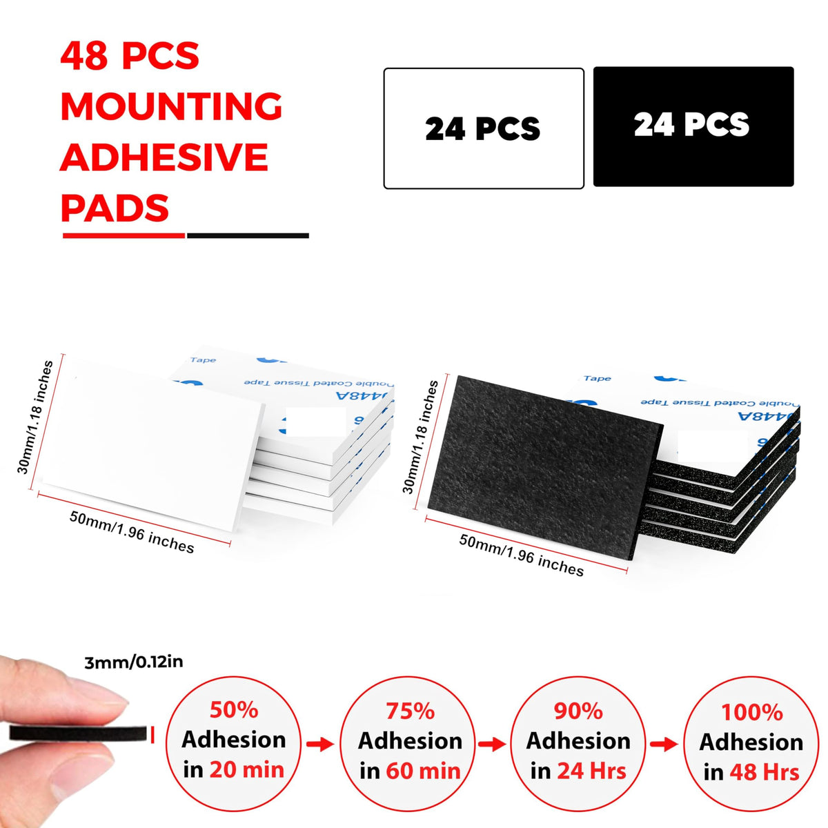 Ormith Double Sided Tape Heavy Duty 48 Pcs | Strong Double Sided Sticky Pads for Outdoor Indoor Wall Mounting | Water Proof Adhesive Strips for Quick Damage-Free Hanging (50 x 30mm)