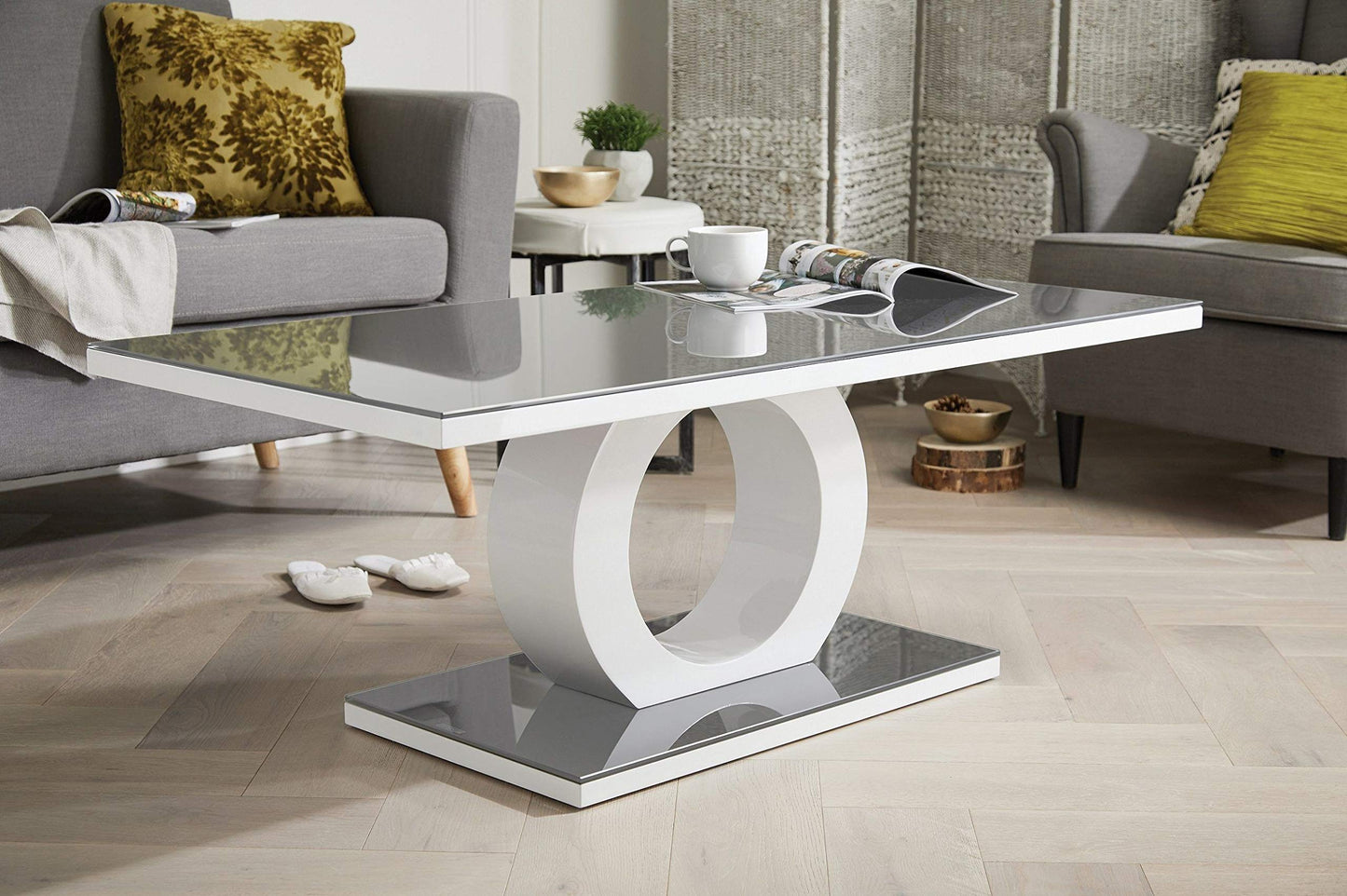 Furniturebox UK Giovani Black & White Glass Coffee Table - Modern & Elegant Gloss Coffee Table With Central Halo - Suitable for Living Room (Black & White)