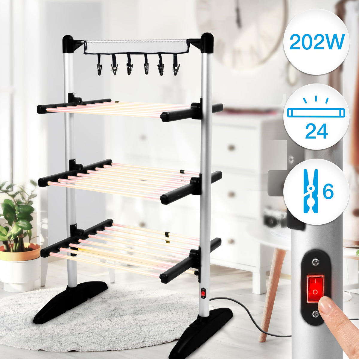 Duronic CA30 BK Electric Heated Clothes Airer, 300W 3 Tier, Foldable, Black
