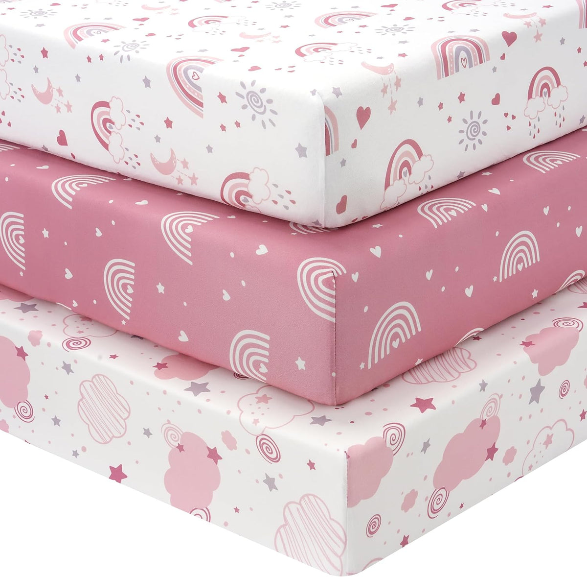 Cot Bed Sheets 140 x 70cm Fitted, 3 Pack Baby Cot Sheets, Ultra Soft & Silky Smooth Microfiber Toddler Bed Sheets Pink Rainbow