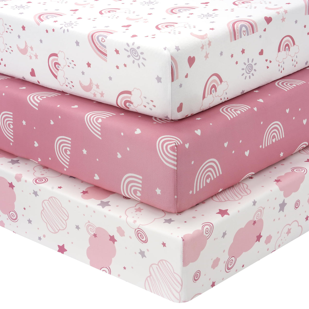 Cot Bed Sheets 140 x 70cm Fitted, 3 Pack Baby Cot Sheets, Ultra Soft & Silky Smooth Microfiber Toddler Bed Sheets Pink Rainbow