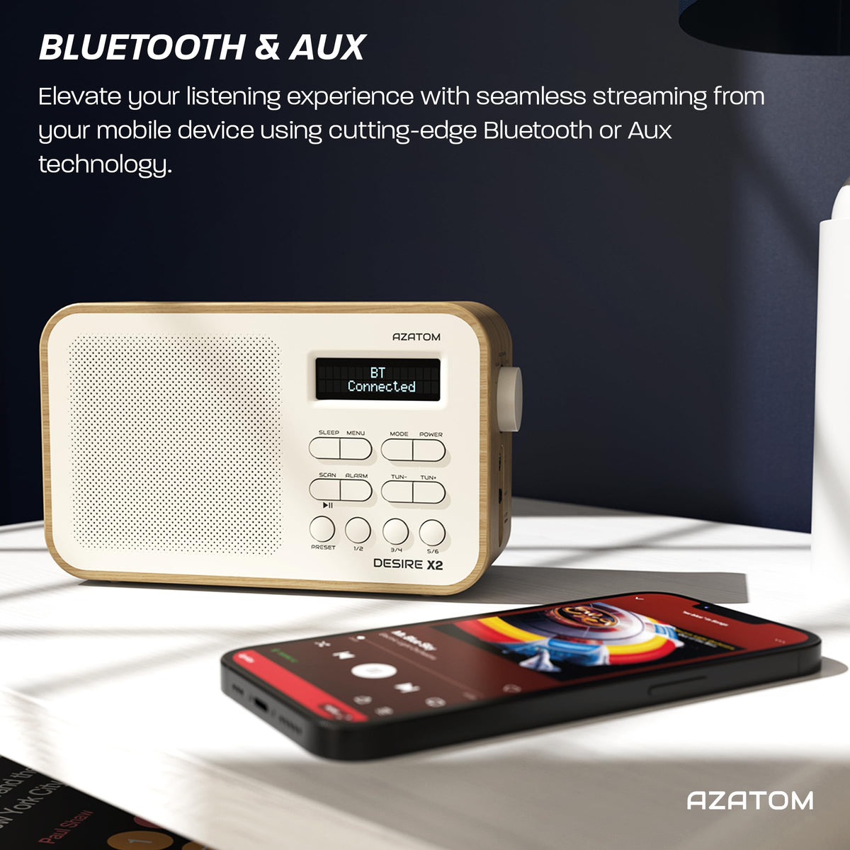 DAB/DAB+ & FM Portable Digital Radio | Simple Controls | Dual Alarms & Sleep Timer | Battery & Mains Powered (4x”AA”) | Bluetooth | Perfect for Home, Office or Outdoors | AZATOM Desire X2 (Black)