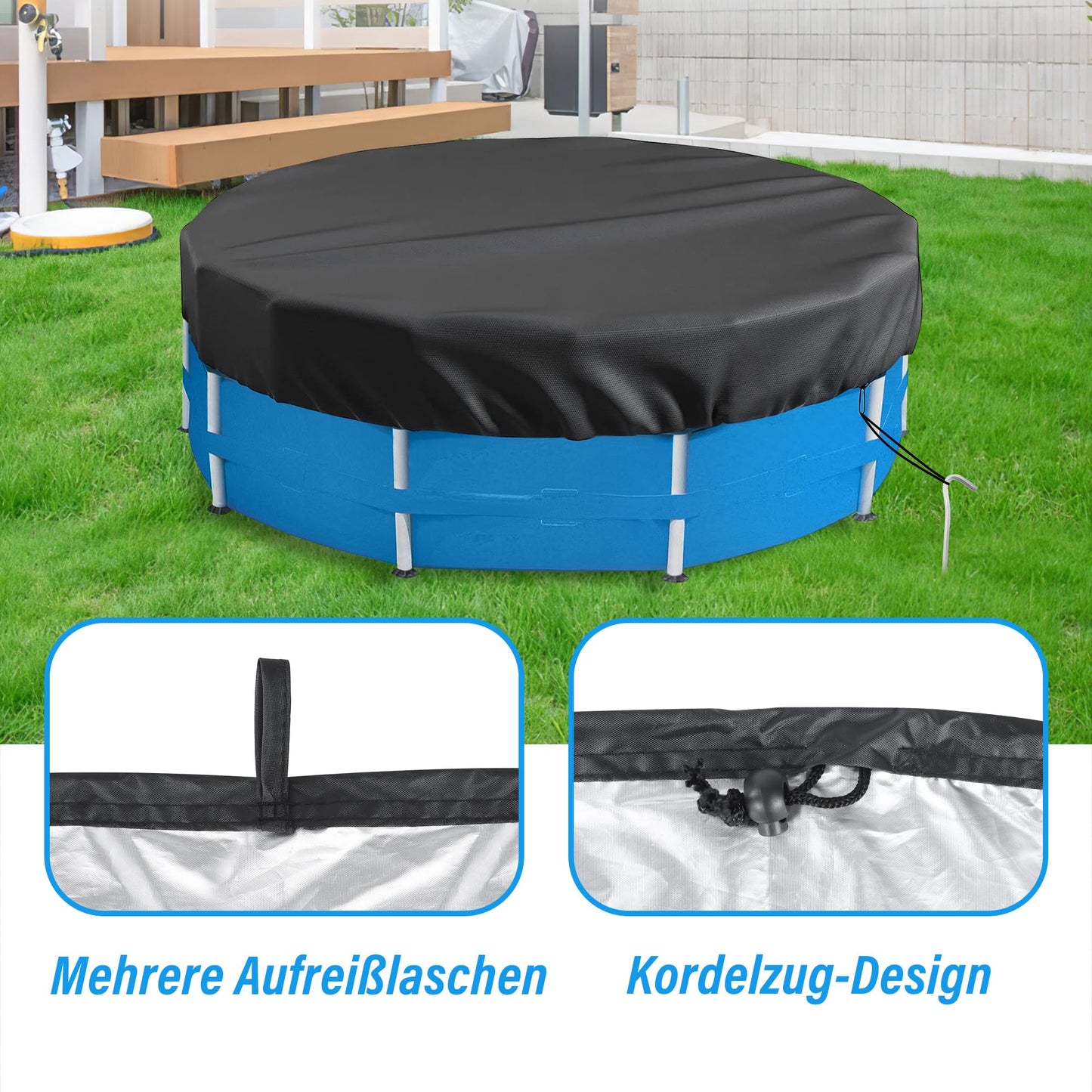 Round Pool Cover for above ground Swimming pools, Heavy Duty Oxford Fabric, Tear Resistant, Ideal for Circle & Round-shaped Pool, Waterproof and Dustproof (12FT, Black)