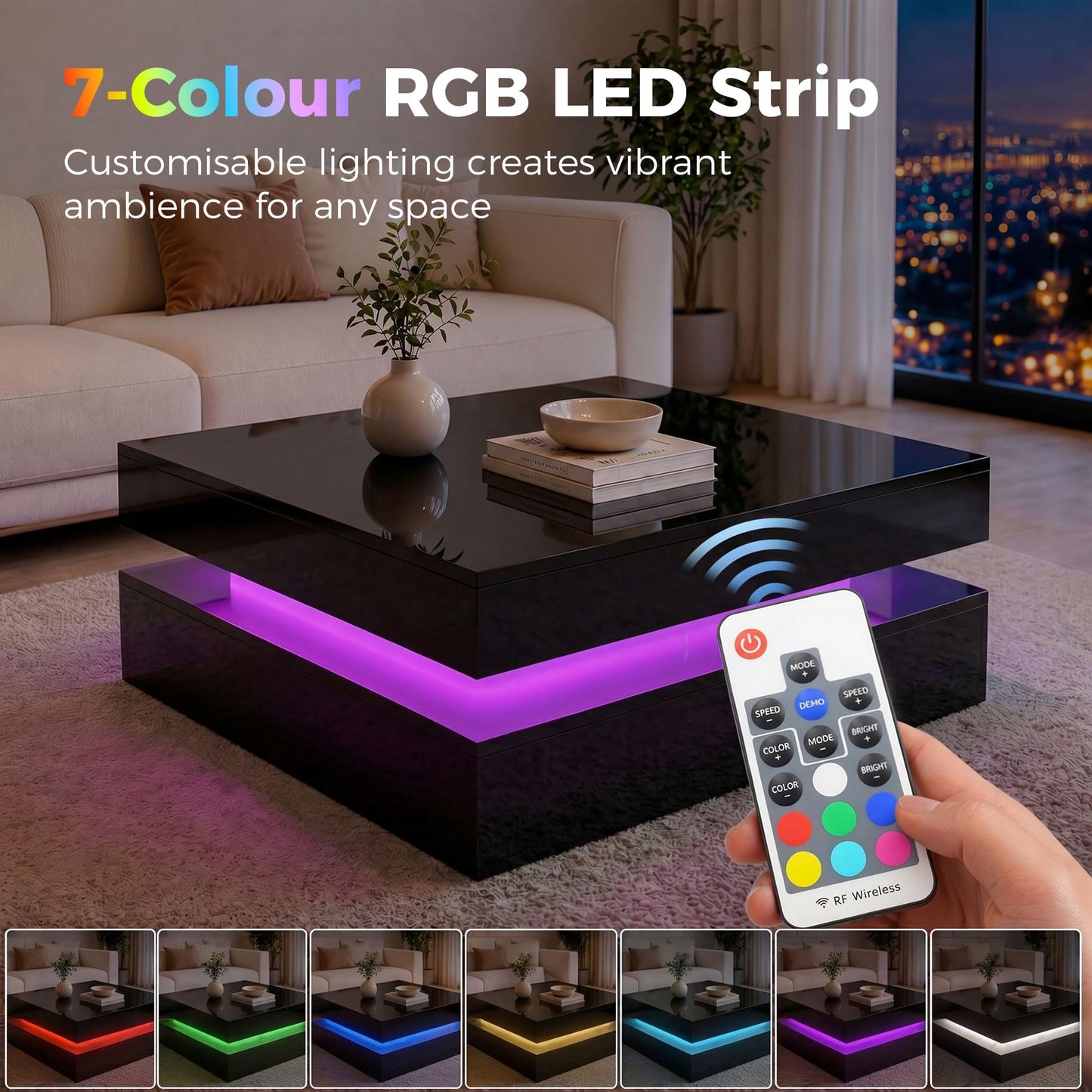 HOMCOM LED Coffee Table with Storage, 2-Tier Modern Centre Table with Open Shelf and Remote for Living Room, High Gloss White