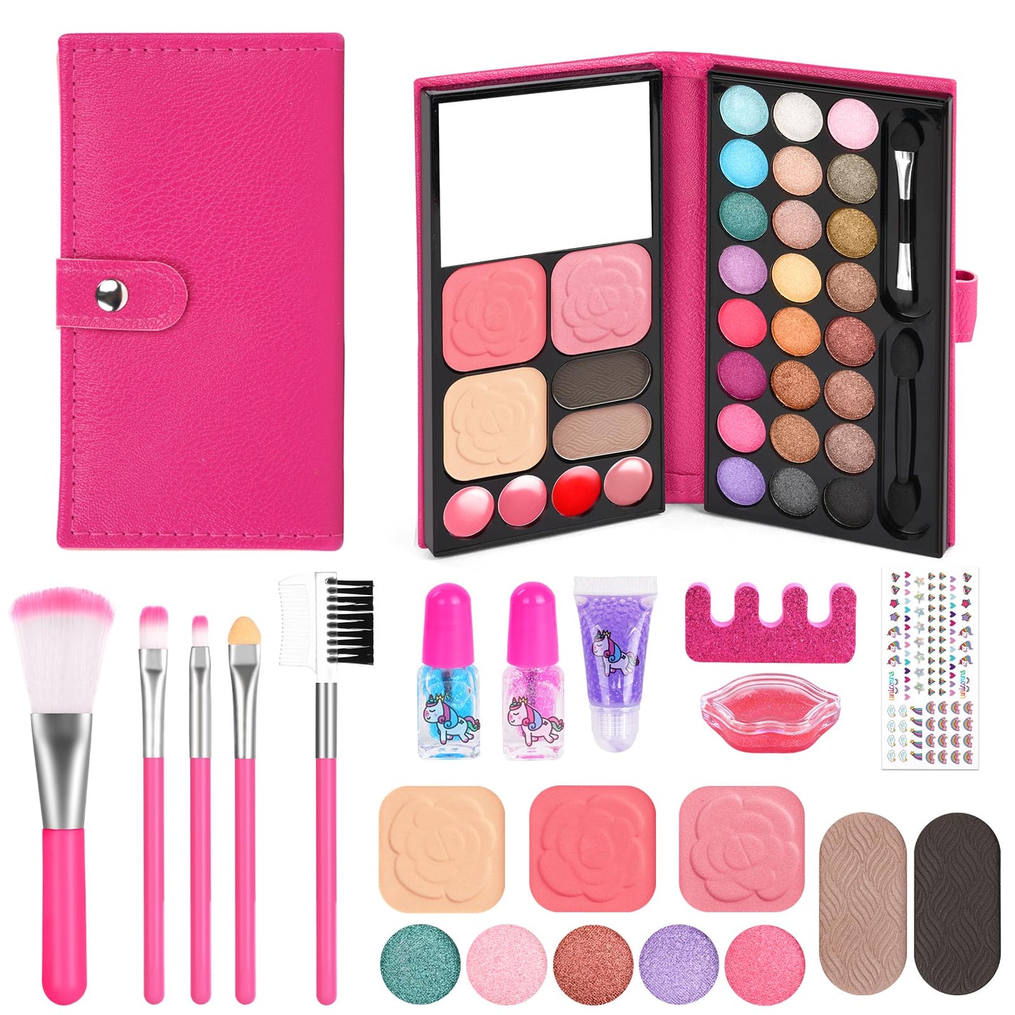 Aomig 33 Colors Kids Makeup Sets for Girls, 6 Pcs Princess Make Up Kit with 5 Brushes, Washable Children's Cosmetics Toys, Non-Toxic Makeup Kit, Cosmetic Beauty Set Gift for Kids Halloween Birthday