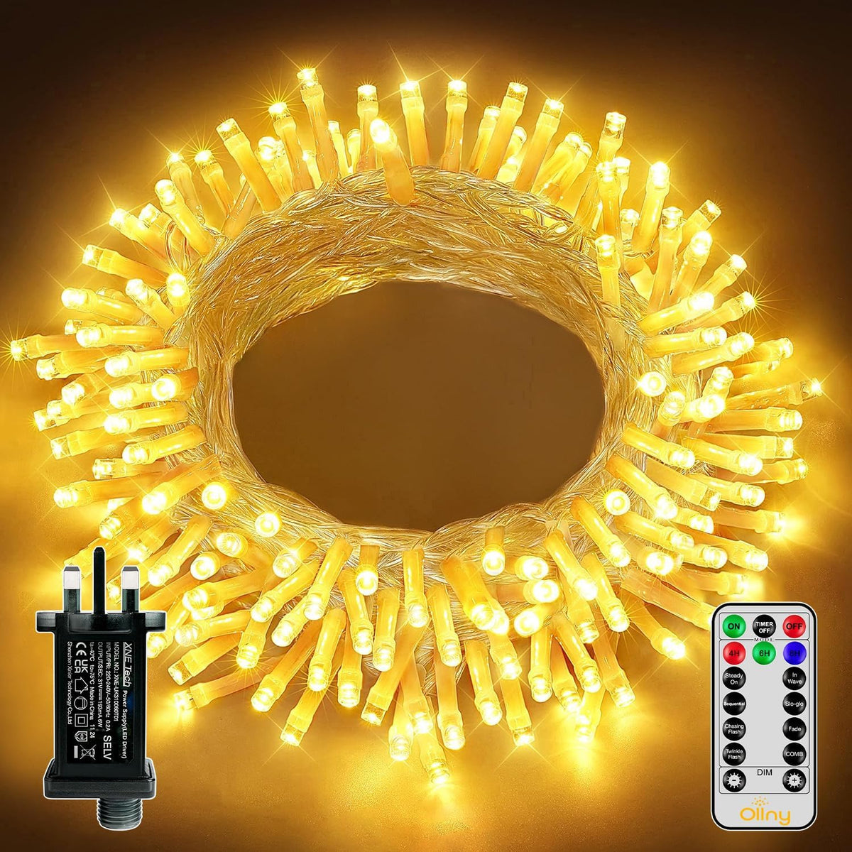 Ollny Fairy Lights Mains Powered 20m 200 LED Outdoor String Plug Remote