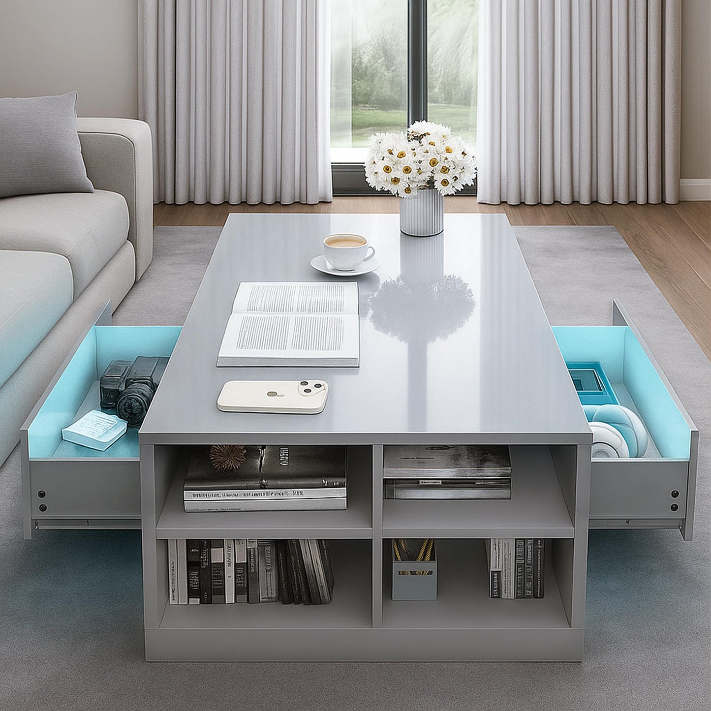 Blisswood Led Coffee Table with 2 Drawer Storage, High Gloss Coffee Table for Living Room Wooden Centre Table with RGB Led Lights Rectangle Tea Table for Living Room Furniture, Black
