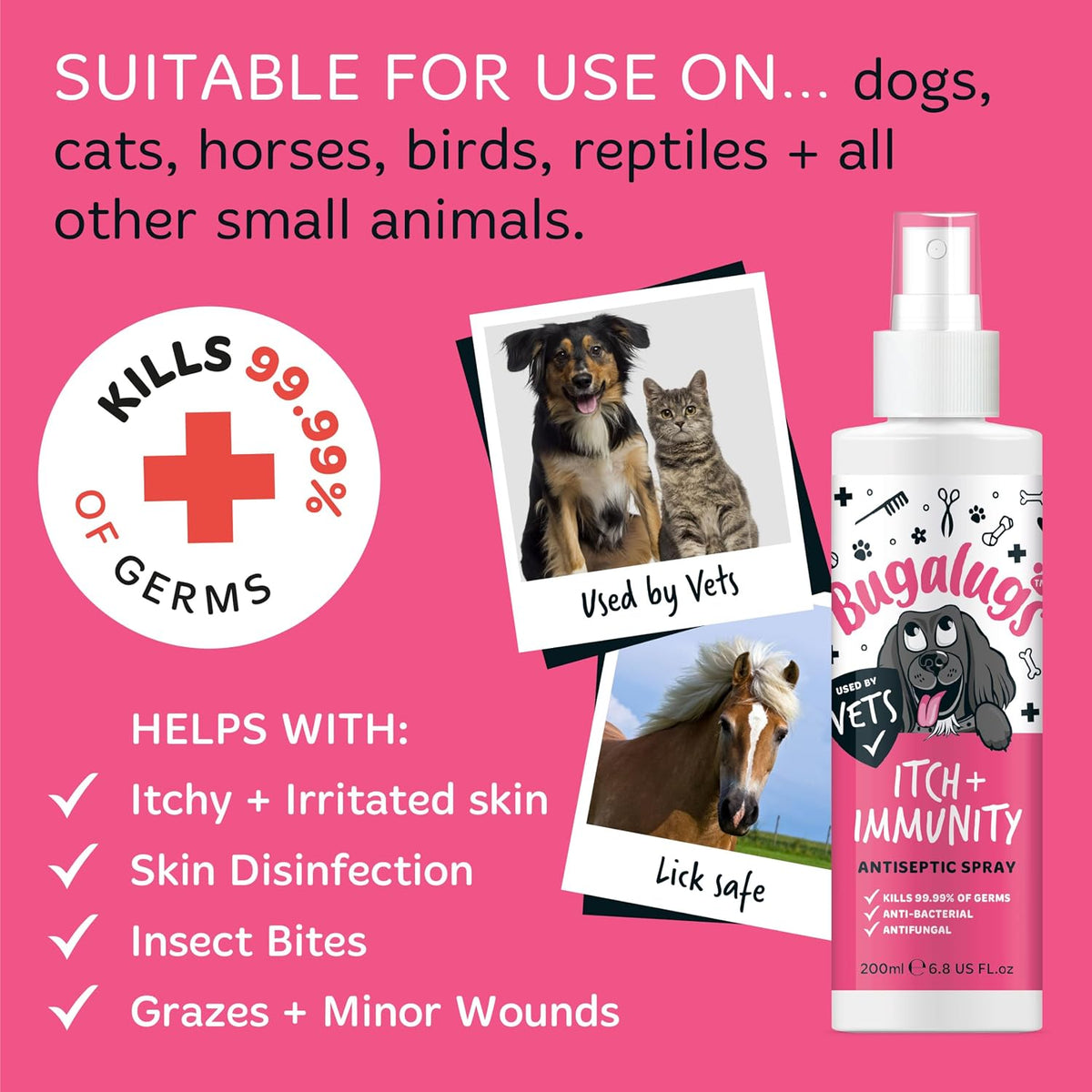 BUGALUGS Itch & Immunity Antiseptic Spray – Helps Soothe Itchy Skin, Paws, Ears - Licking, Scratching - Perfect for Small, Medium & Large Dogs