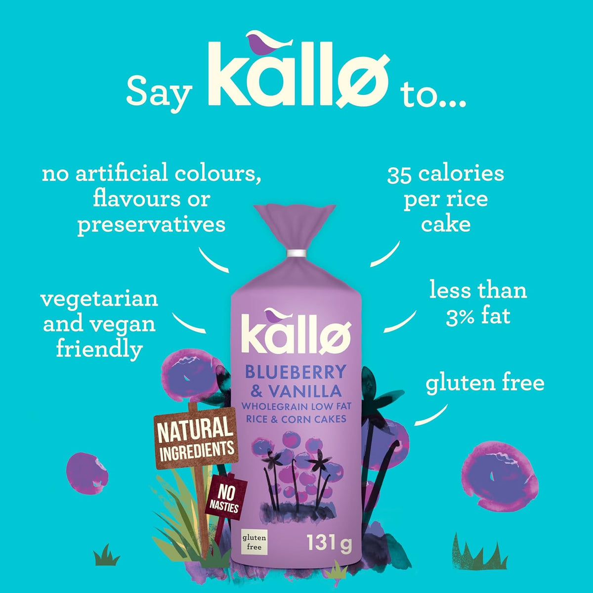 Kallo Blueberry & Vanilla Corn & Rice Cakes, Wholegrain Low Fat Healthy Snacks for Adults & Children, Vegan Friendly, Gluten Free, No Artificial Flavours or Preservatives, Single Pack – 1 x 131g
