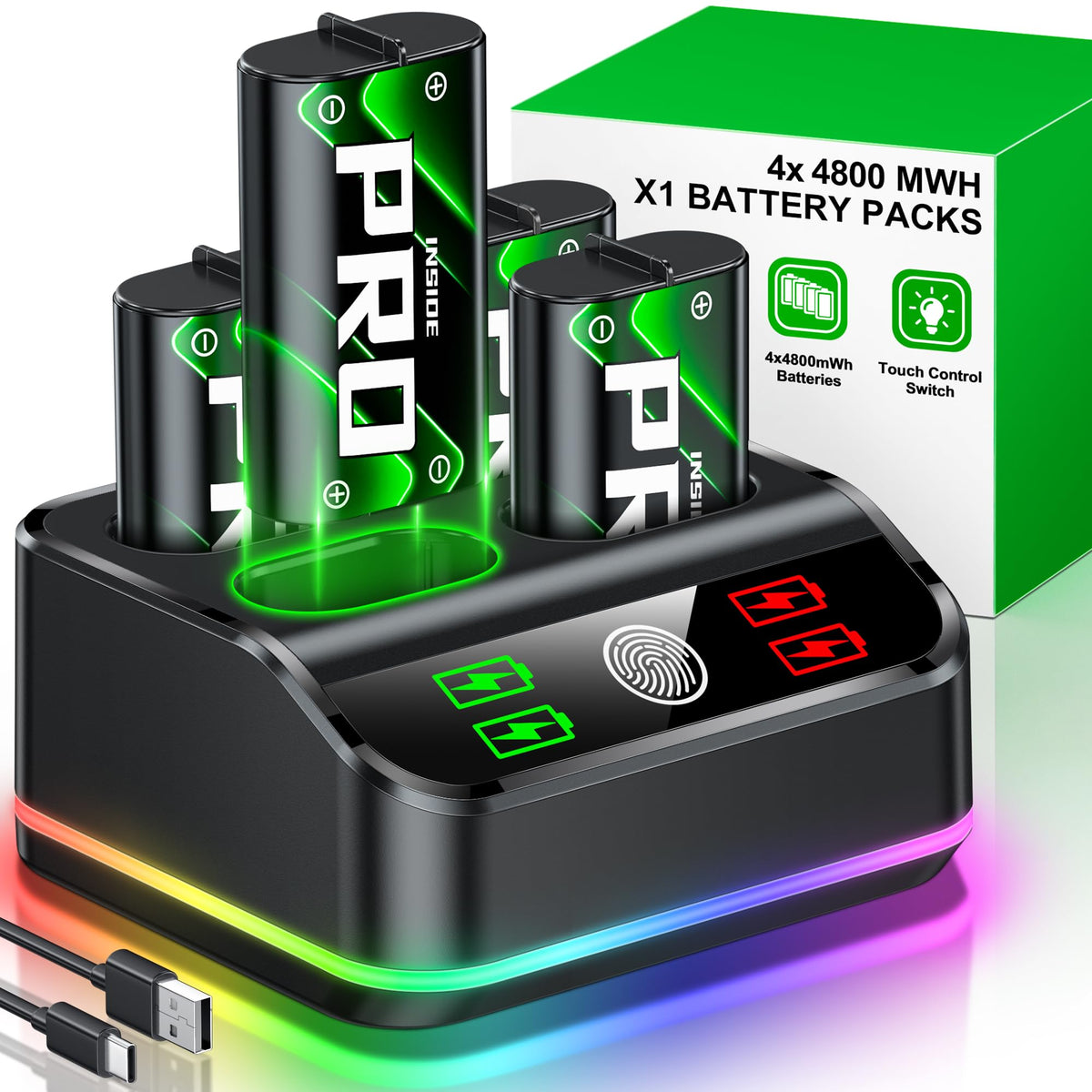 Rechargeable Battery Pack for Xbox One/Series Controller, 4x6200mWh Battery Pack with Charger/Cooling RGB/25H Playtime, Compatible with Xbox One/S/X/Elite 1, Series S/X Controller