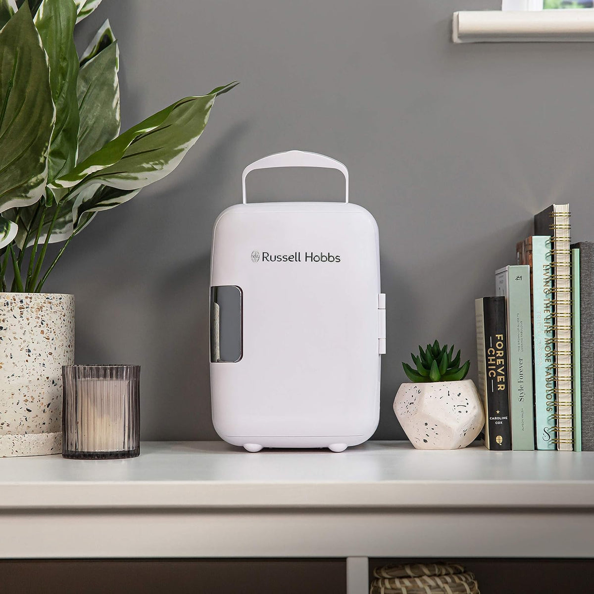 Russell Hobbs RH4CLR1001 4L/6 Can Portable Mini Cooler & Warmer for Drinks, Cosmetics/Makeup/Skincare, AC/DC Power, Retro Style, White, For Bedroom, Home, Caravan, Car