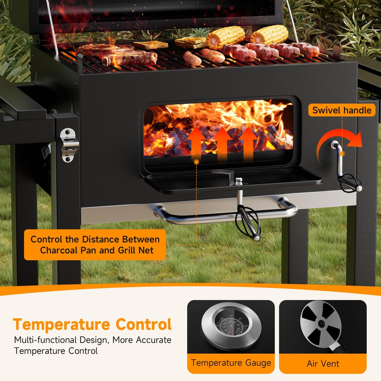 XXXL Smoker Charcoal BBQ, Portable Barbecue Grill with Wheel & 2 Folding Table, Thermometer & Adjustable Charcoal Pan, Large Outdoor BBQ Grill Smoker for Patio Home Garden Cooking