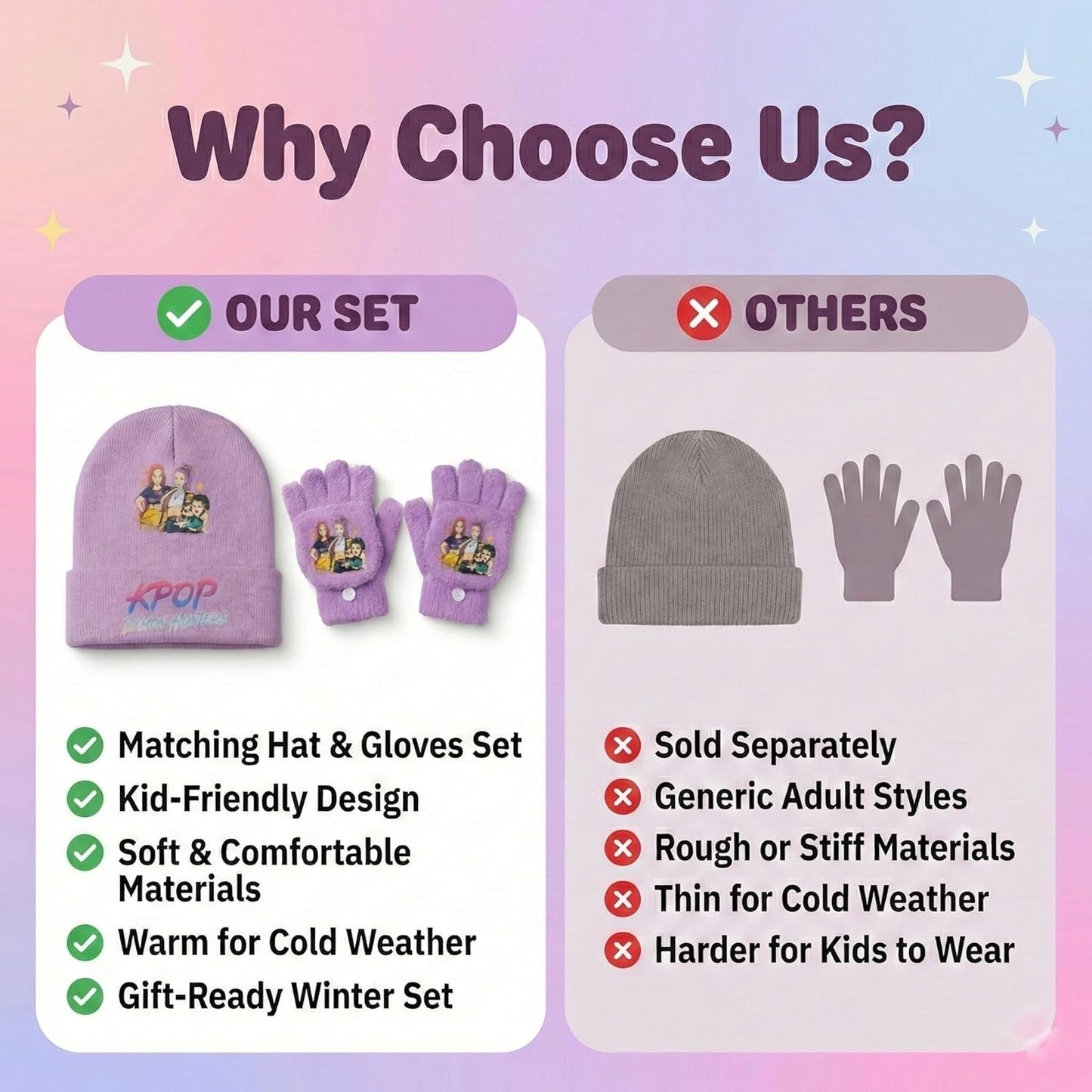 Kpop Inspired Hunters Winter Hat and Gloves Set - Warm Thermal Beanie Cap With Anti-slip Fold Mitten Gloves Outdoor Sports Soft for School,Gifts for Korean Pop, Anime Lovers, Girls