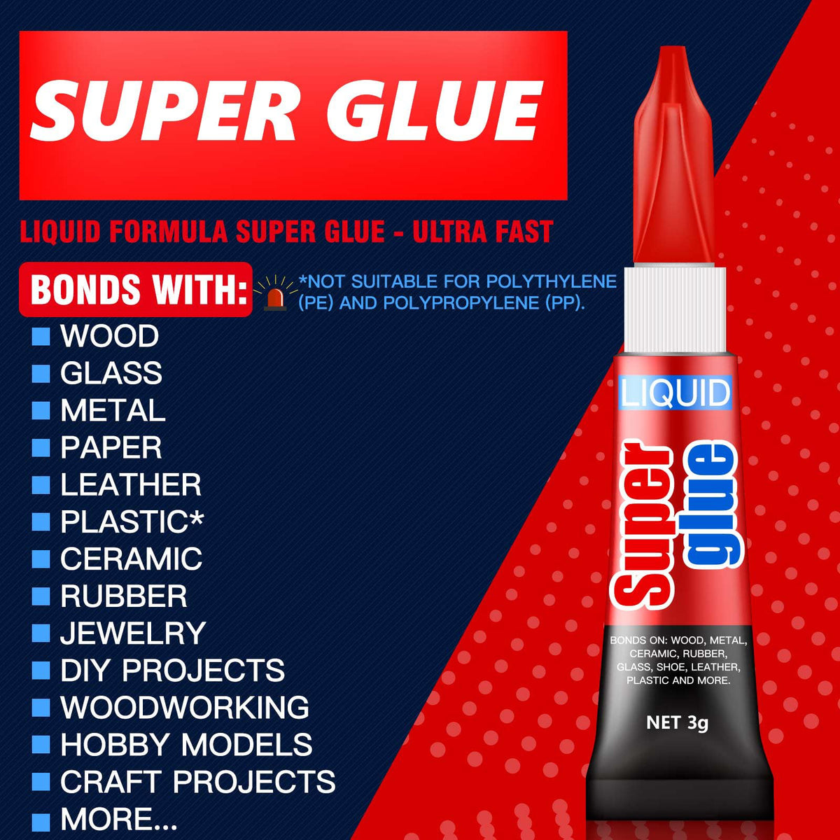 3g (12 Pack), Super Glue Liquid, All Purpose, Fast Setting, Ideal for Metal, Ceramics, Leather & More