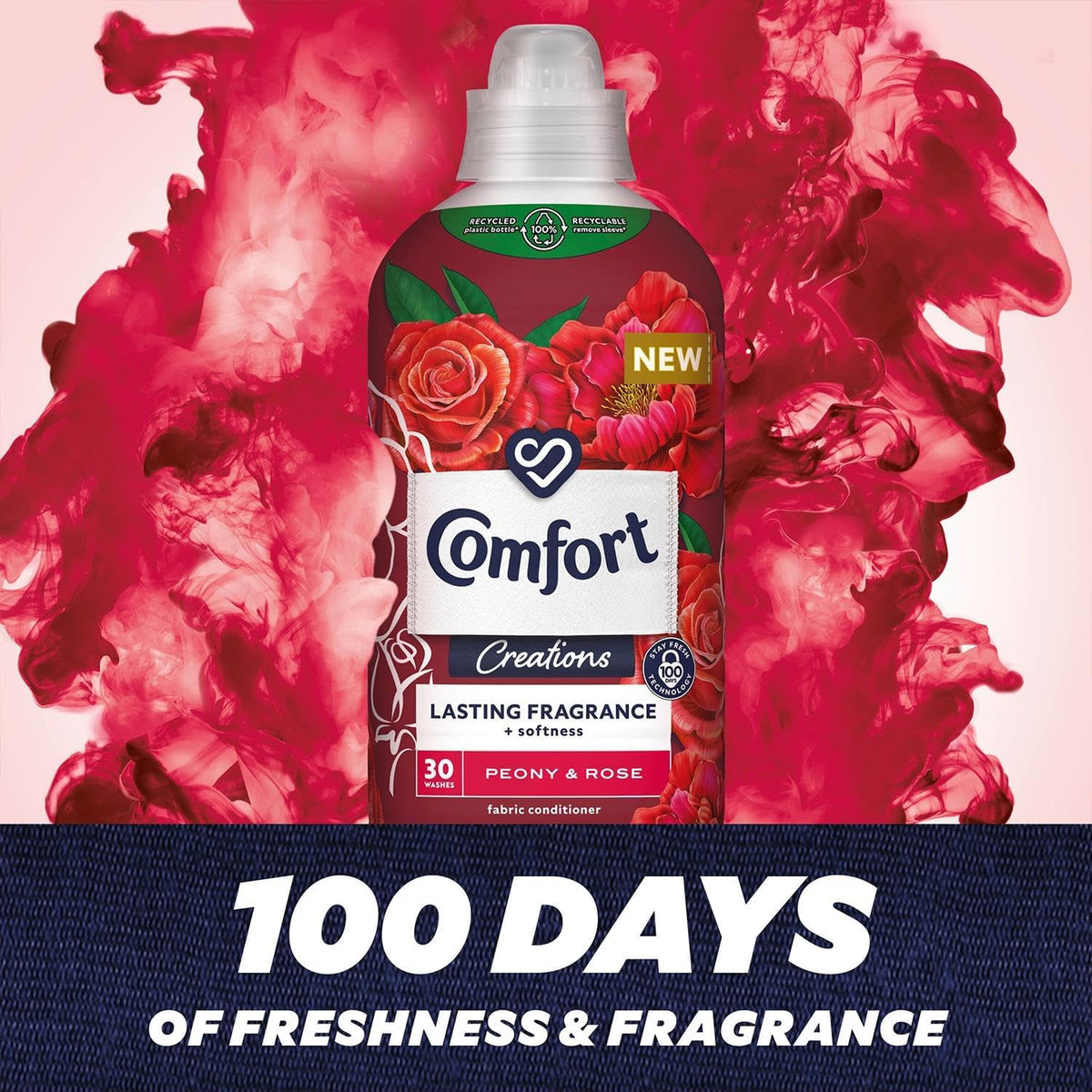 Comfort Creation Concentrated Fabric Conditioner with 100 Days of Long Lasting Fragrance and Softness Intense Liquid Fabric Softener 30 Washes, 900 ml (Peony & Rose, Buy 4)