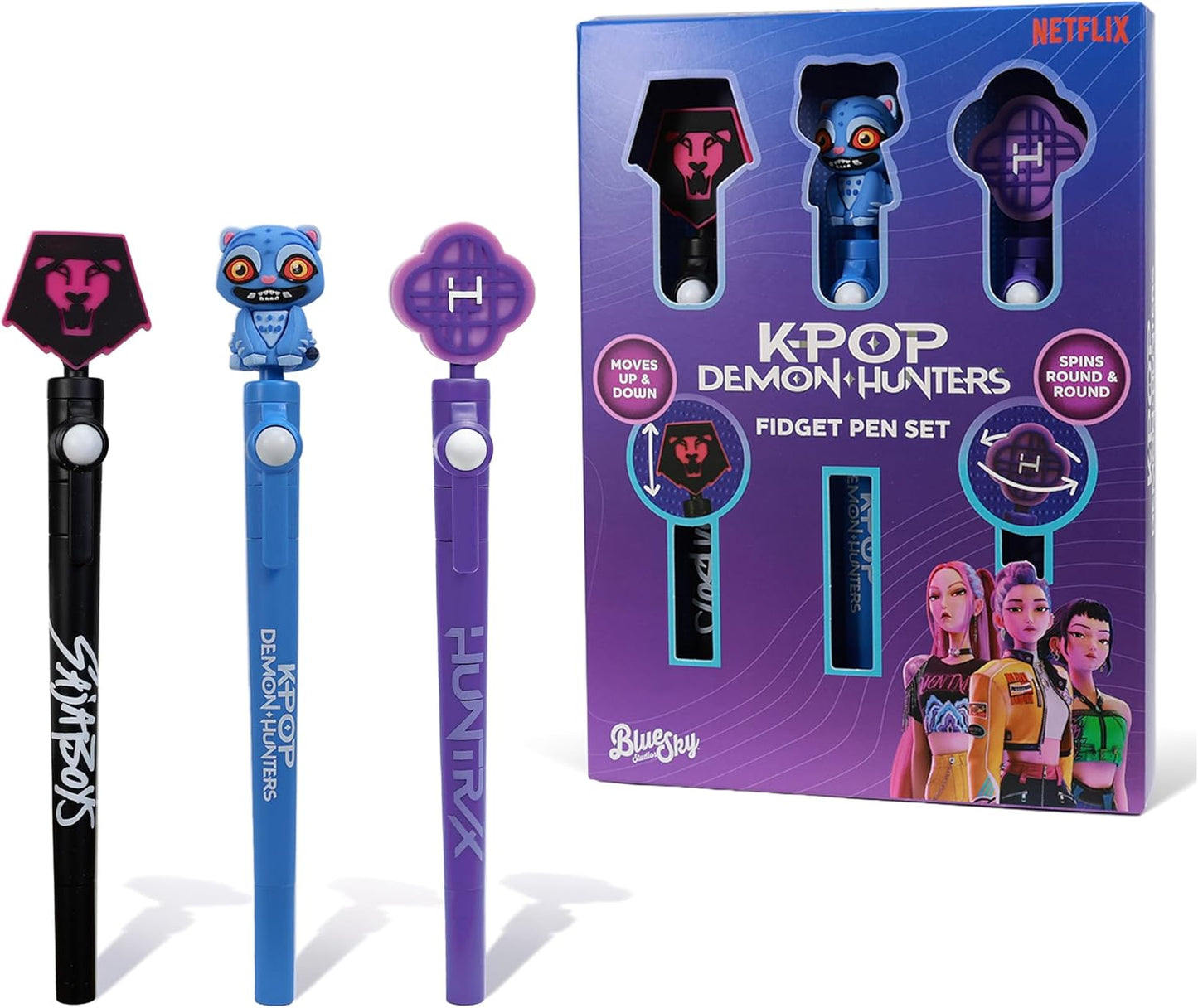 KPop Demon Hunters Fidget Pen Set (Pack of 3) – Official Merchandise – Saja Boys, Derpy & Huntr/x 18cm Black Ink Pens – Soft Touch Sensory Ball-Joint Fidget Toys – K-Pop Stationery Gift Set