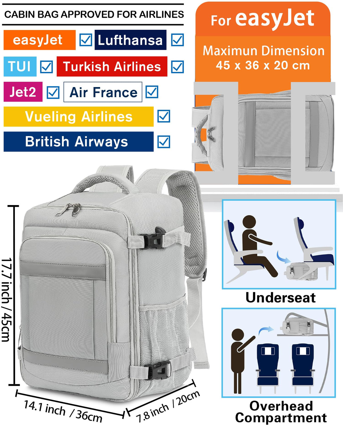 KLOSTAIN Cabin Bags 40x20x25 for Ryanair Underseat Travel Backpack Hand Luggage Carry-ons Bag Cabin Size 20L for Airplanes Flight Ruscksack Black