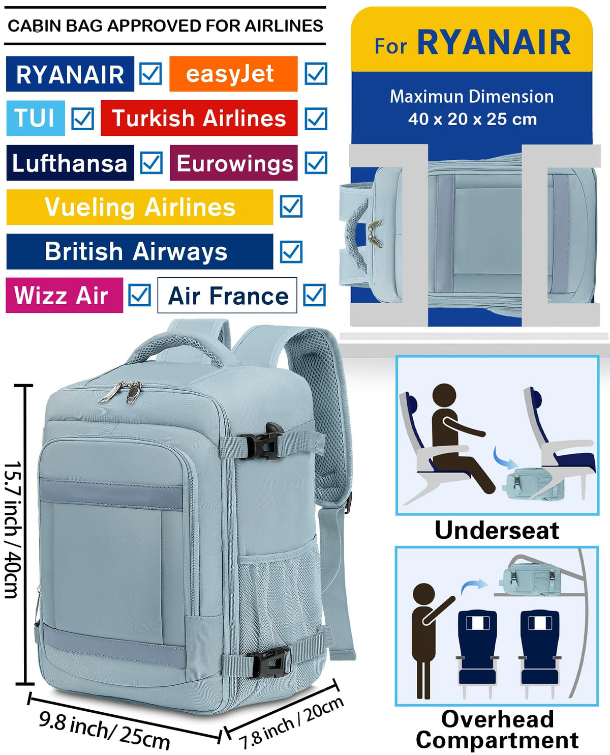 KLOSTAIN Cabin Bags 40x20x25 for Ryanair Underseat Travel Backpack Hand Luggage Carry-ons Bag Cabin Size 20L for Airplanes Flight Ruscksack Black