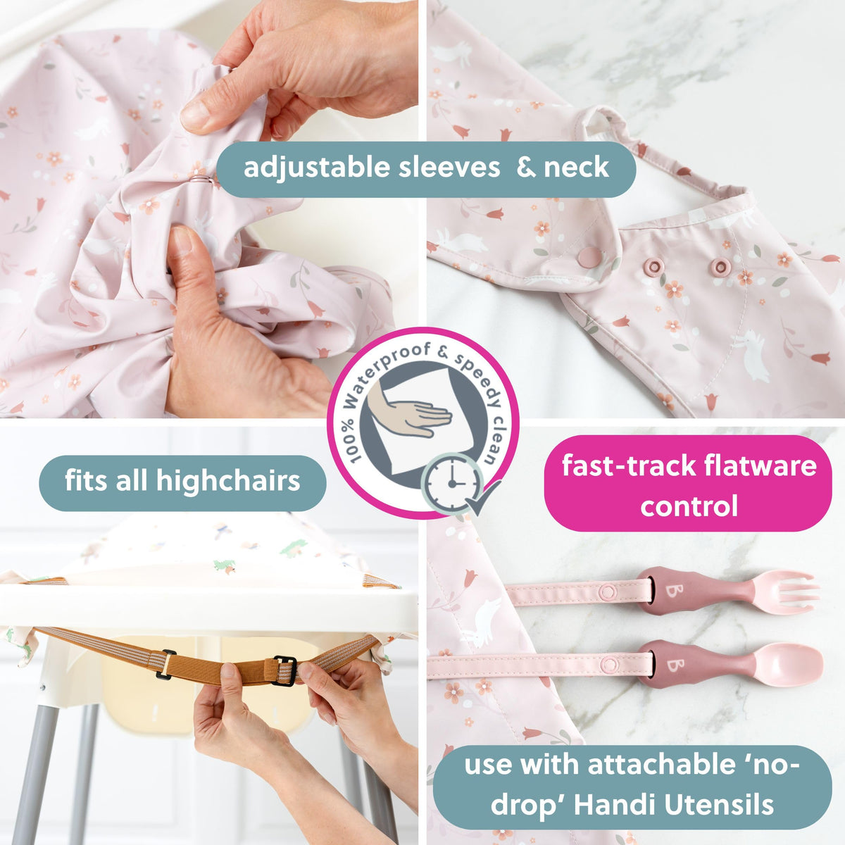 BIBaDO Long Sleeve Baby Bibs - Coverall Weaning Bib with Highchair Strap