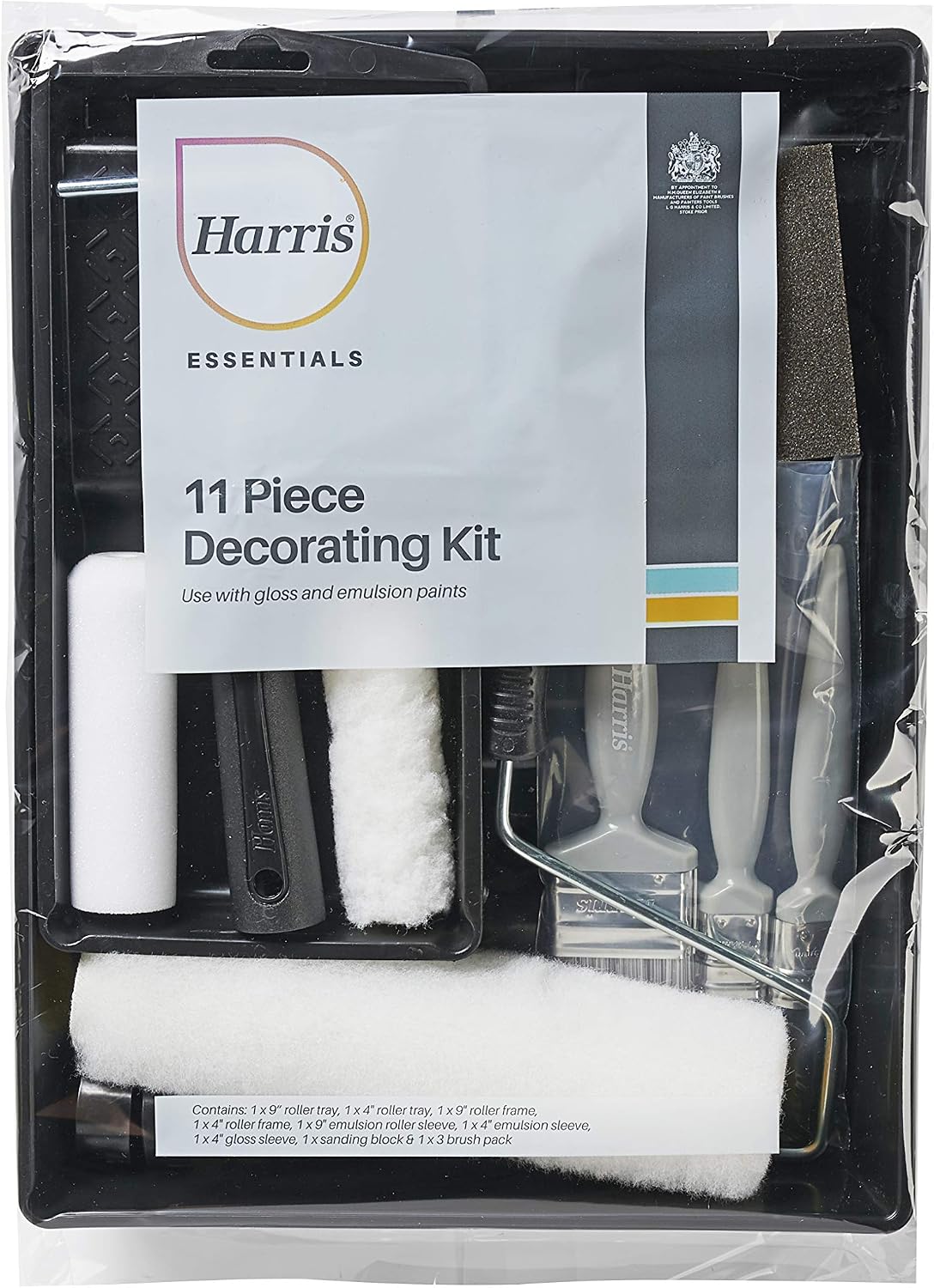 Harris Walls & Ceilings Essentials Decorating Set | 11 Pieces | 9" Roller Sleeve, 4" Roller Sleeve, Sanding Block, 3 Paint Brushes