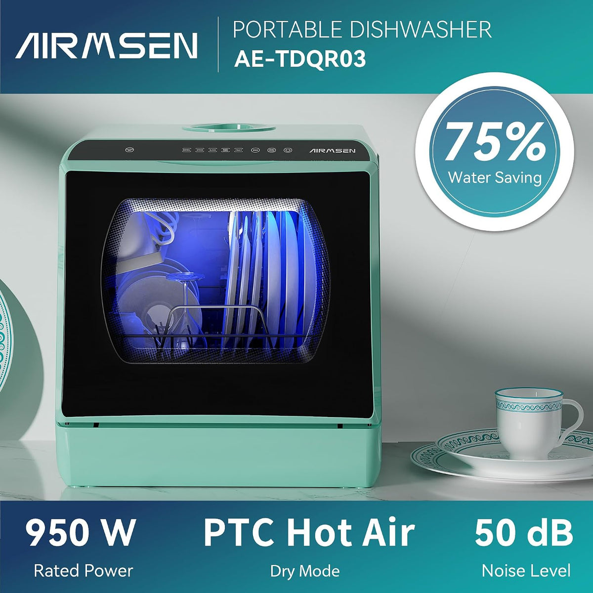 AIRMSEN Mini Table Top Dishwasher - Upgraded 6 Programs, Green