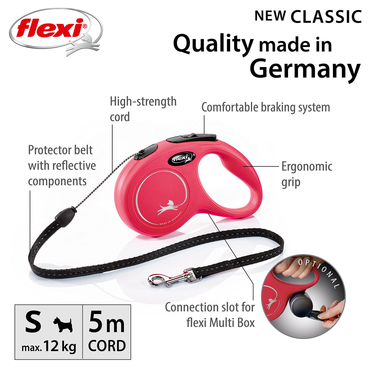 flexi Classic S | 5 m Retractable Cord Leash for Dogs up to 12 kg | Black | Retractable Dog Lead | Weight: 160 g | Dimensions: 9.6 x 16.2 cm